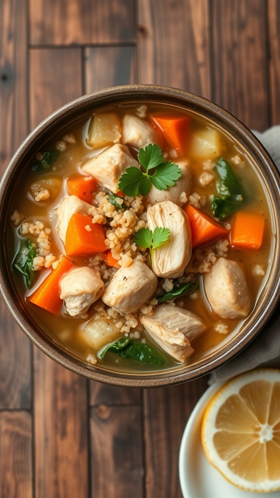 A bowl of quinoa chicken soup with chicken, quinoa, carrots, and spinach, garnished with parsley, on a wooden table with a lemon slice.